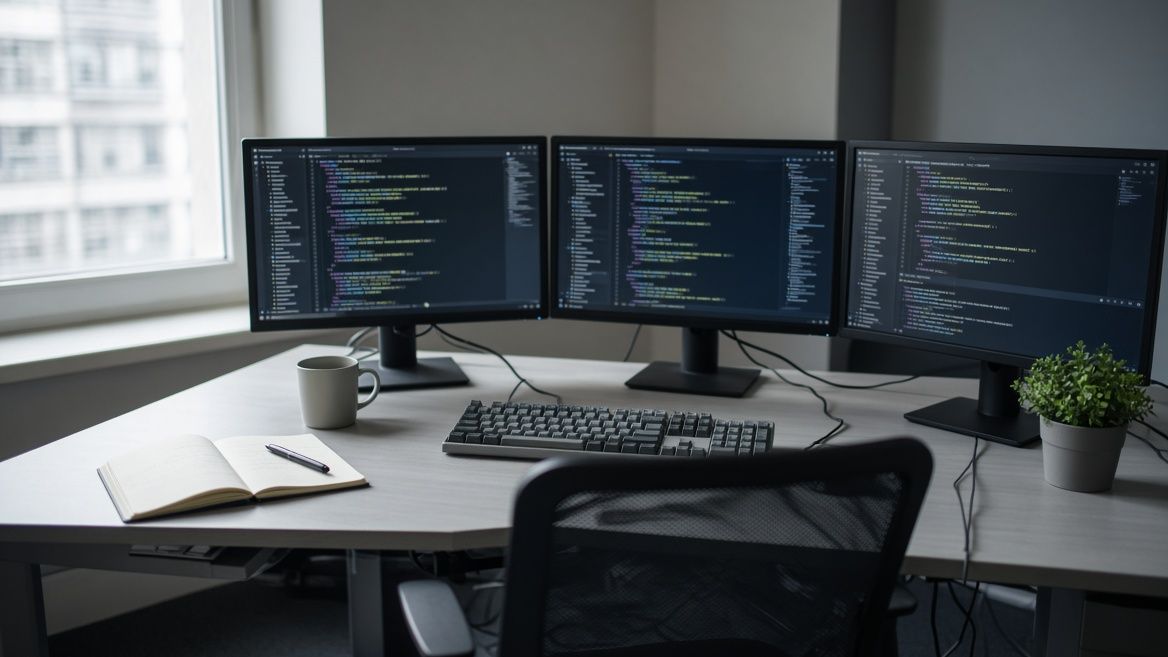 Mesa de trabalho com telas de código durante desenvolvimento de software.