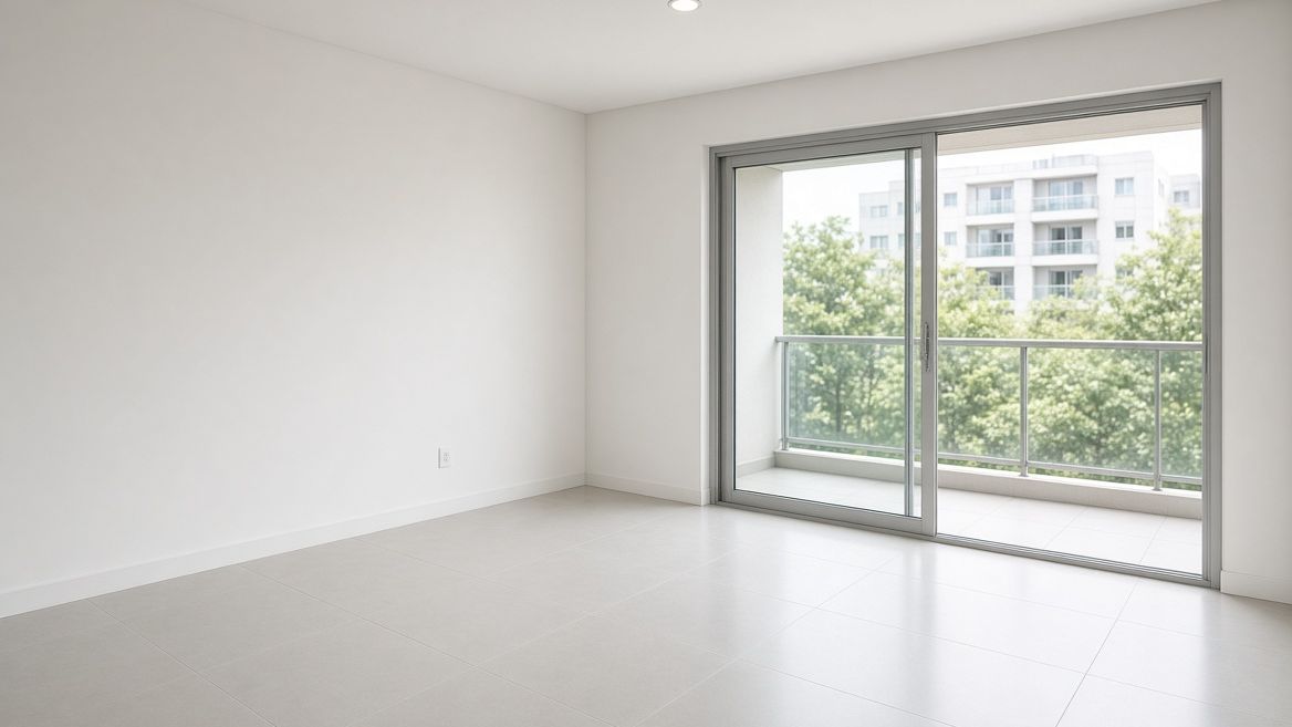 Sala de apartamento vazia e recém-limpa, com piso porcelanato claro e porta de correr de alumínio para uma sacada com guarda-corpo de vidro.